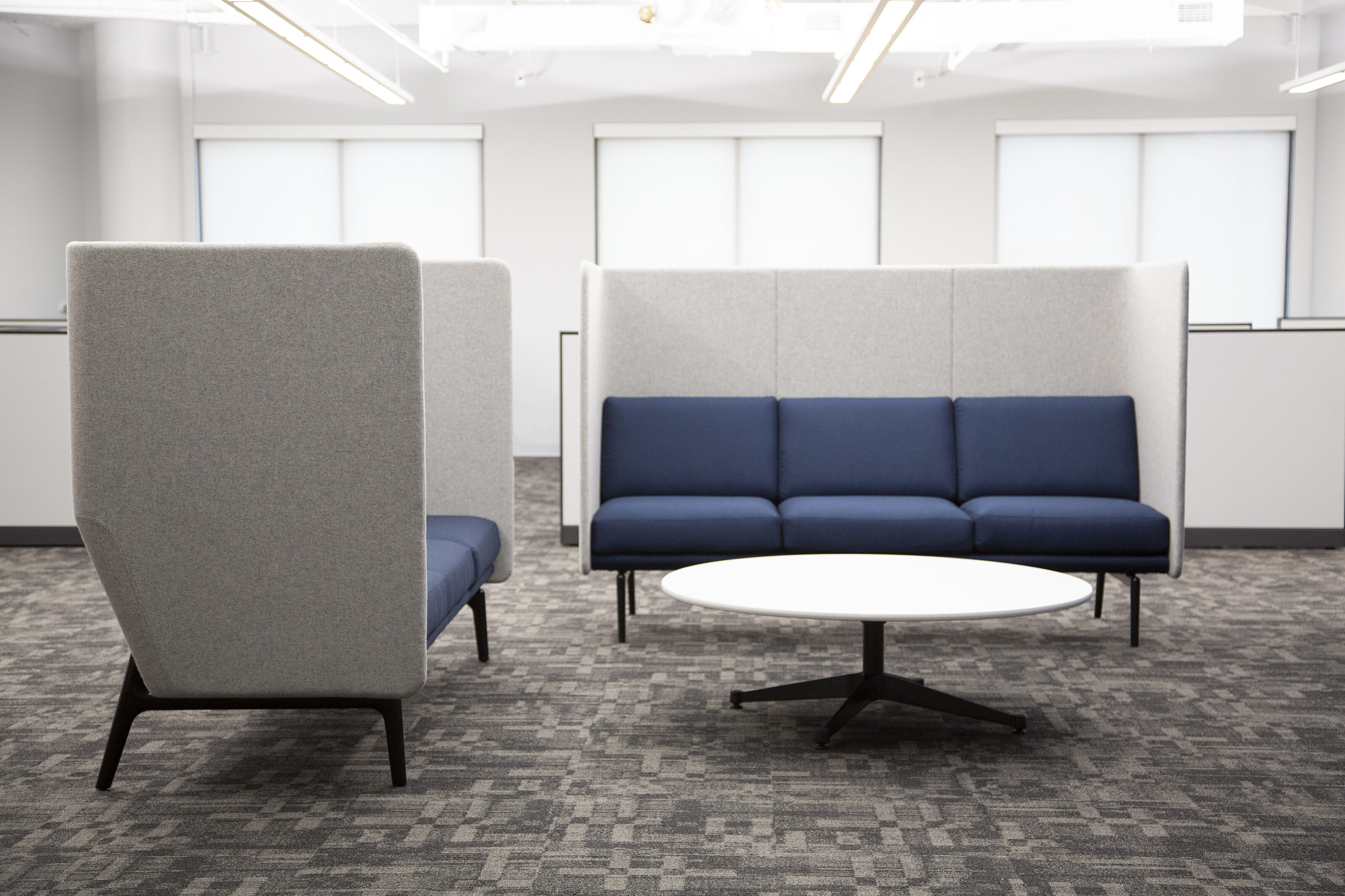 My Freight World - A pair of blue sofas with grey high back privacy panels around them and a low white coffee table.