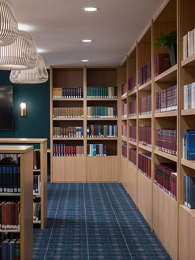 Formal library row with blue carpets and wooden shelves loaded with hardback books. Green walls and white basket-like lamps hanging from ceiling.