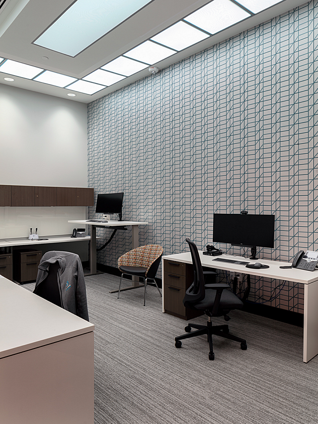 Office space with a skylight and a bold, accent wall with an blue abstract print. Several height adjustable workstations. A bright upholstered side chair.
